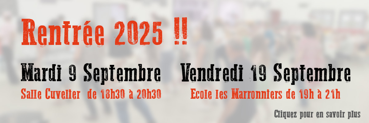 Reprise des cours le Mardi 10 Septembre 2023 à 18h30 à la salle Cuvelier et le vendredi 13 Septembre à l'école maternelle les Marronniers.
